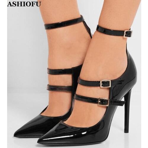 ASHIOFU New Hot Sale Handmade Ladies High Heel Pumps Three Buckle Straps Party Dress Shoes Evening Fashion Pumps Court Shoes