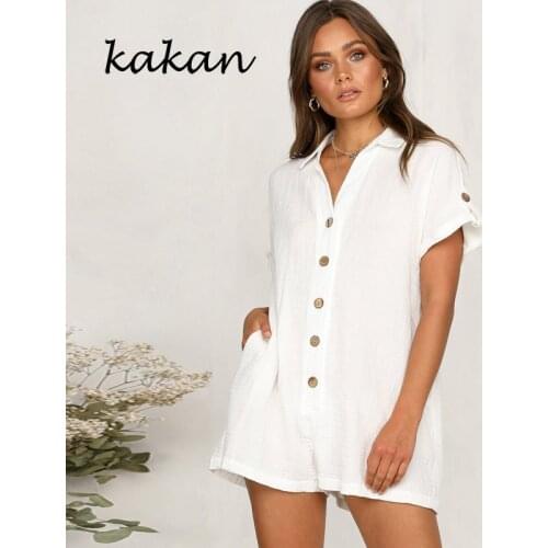 Kakan summer new womens shirt button jumpsuit casual jumpsuit no belt white khaki black pink brick red jumpsuit