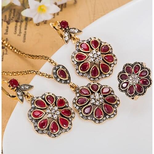 Zlxgirl Fashion Flower Necklace setsWomen Vintage Turkish Jewelry Set Green Flower Pendant Pendientes Necklace Earrings Set