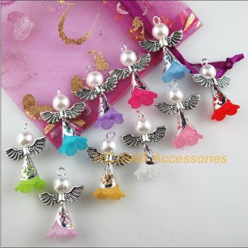 10 New Lovely Angel Charms Mixed Acrylic Tibetan Silver Wings Pendants 21.5x29mm