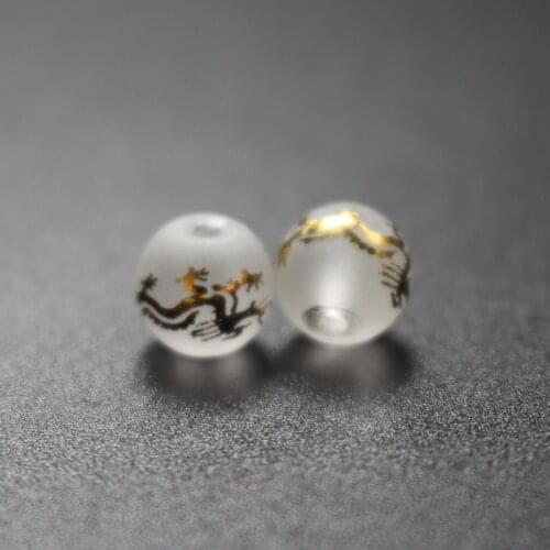 10Piece/lot 8mm Matt Glass beads White Color with carving Gold dragon Fashion Beads For jewelry making