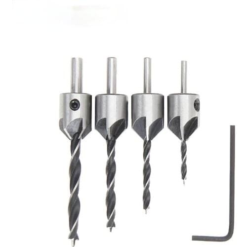 4pcs 3mm-6mm Wood Countersink Drill Set HCS 5 Flute Drill Bit Carpentry Reamer Woodworking Chamfer End Milling Wood Tool