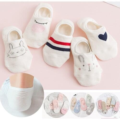 5Pairs New Harajuku Women Socks Funny Kawaii Animals Cute Happy Silicone Slip Invisible Cotton Sock Spring Socks Slippers 35-40