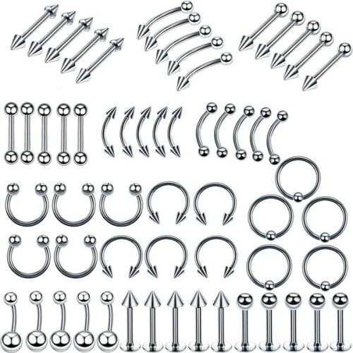 60Pcs/Set stainless steel Horseshoe Fake Nose Ring C Clip BCR Septum Lip Piercing Mixed Nose Lip Eyebrow Tongue Nose Rings Hoop