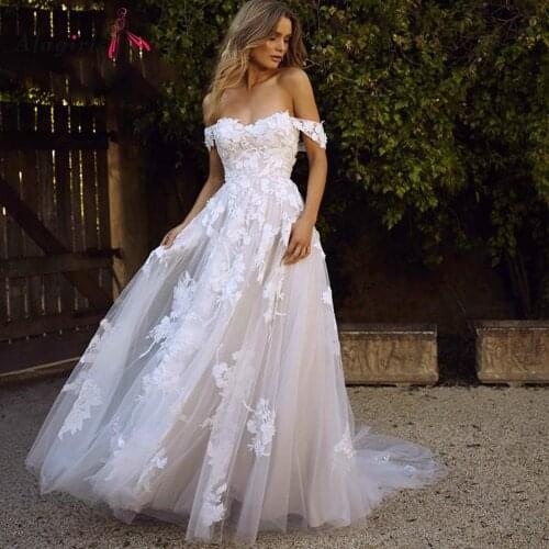 Alagirls Simple Boho Wedding Dress 2020 Off The Shoulder Embroidery A Line Bride Dress Ivory Wedding Gown Robe De Mariee