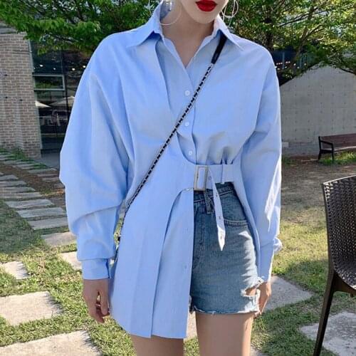 ASYMSAY Korean Single Breasted Irregular Loose Casual Puff Sleeve Shirt Blue Black Shirt Party Shirt Casual Solid Blusas