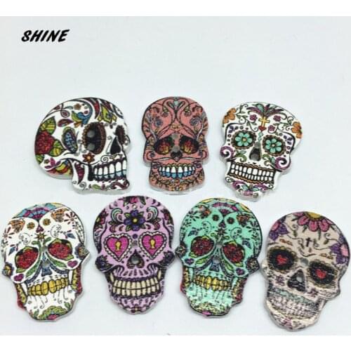 SHINE Wooden Sewing Buttons Scrapbooking Skull Colorful Mixed Two Holes 25mm 24PCs Costura Botones Decorate bottoni botoes