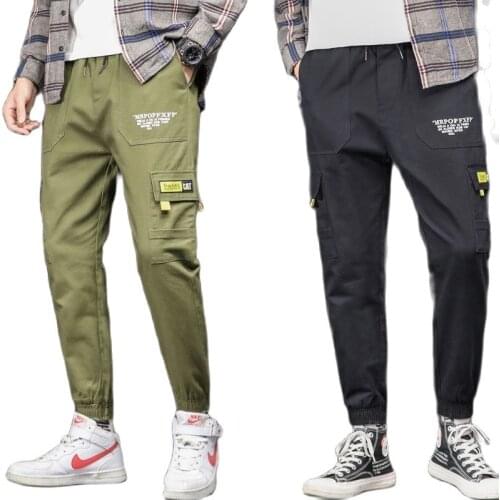 Fashion Cotton Cargo Pants Men Streetwear Trousers Solid Color Elastic Waist Loose Cropped trousers Men Hip-hop Casual Pants