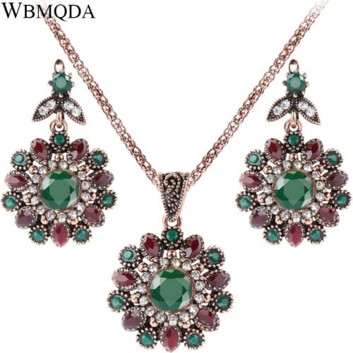 2 Pcs/lot Ethnic Turkish Jewelry Sets Vintage Flower Crystal Gold Necklace Earrings For Women Wedding Party Indian Jewellery