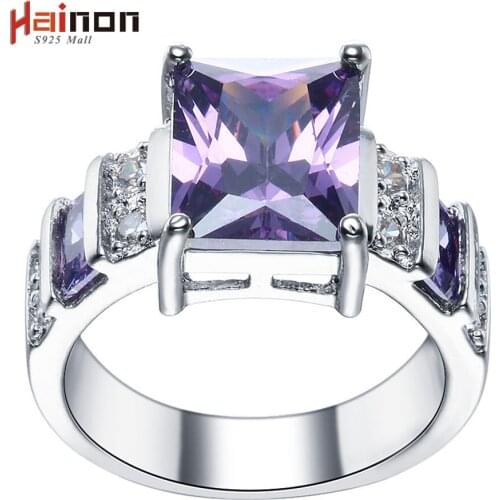Hainon Hot Sale Fashion Large Purple CZ Zircon Silver Color Wedding Party Gift Jewelry for Women Men Trendy Jewelry