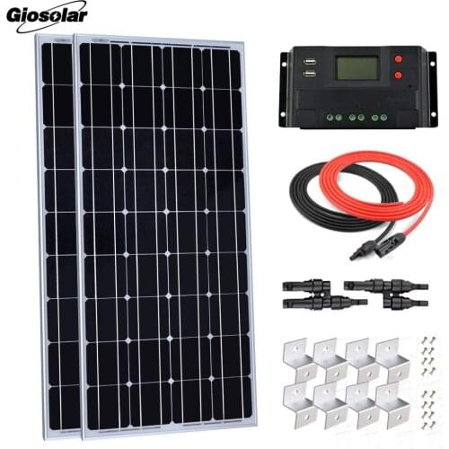 Giosolar 200W 12V Solar Panel Starter Kit: 2pcs 100W Monocrystalline Solar Panel with 20A LCD Charge Controller RV Boat Off-Grid