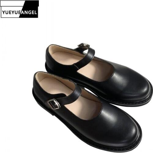 Preppy Style Fashion New Vintage Round Toe Womens Casual Leather Shoes Summer Buckle Mary Jeans Female Low Heel Shoes Streetwear