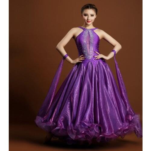 Adult performance costumes modern dance one piece dress rhinestones halter neck big flare hem luxury dress