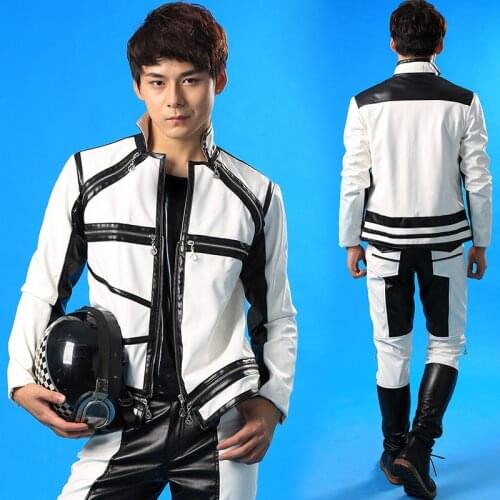 Leather Pants Two-Piece Suit Male Singer Jazz Dance Costume Male Black White Large Size Host Stage Performance Clothes DWY2727