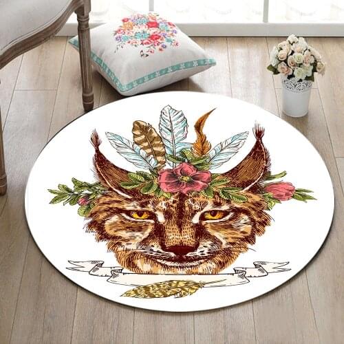 Flower And Feather On Lynx Head Round Home Living Room Carpet Bedroom Floor Area Rugs Bathroom Non-Slip Cushion Kitchen Door Mat