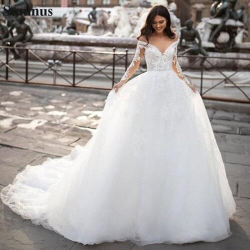 Sumnus Princess Lace Wedding Dress A Line Long Sleeves Off The Shoulder Tulle Appliques Boho Wedding Gowns Plus Size