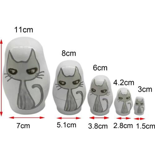 Cute Set 5Pcs Wooden Nesting Dolls Matryoshka Christmas Russian Toy Cartoon Cat