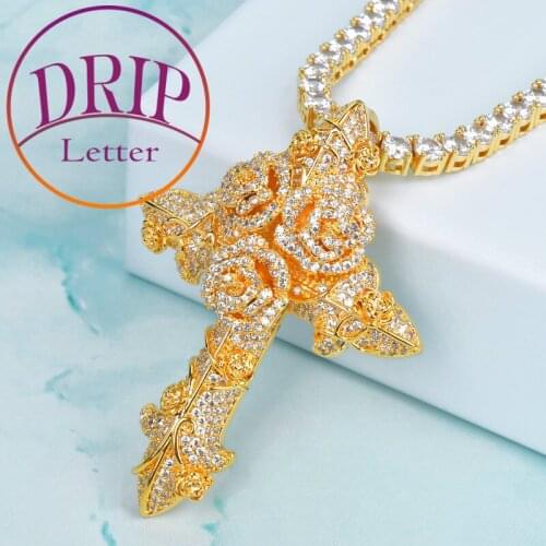 Religious Jesus Flower Cross Gold Color Cubic Zircon Pendant Mens Hip Hop Necklaces Jewelry