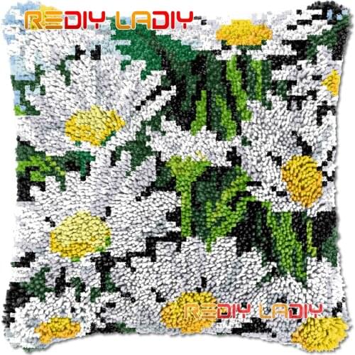 Latch Hook Cushion Daises Field DIY Needlepoint Kits Chunky Acrylic Yarn Arts Crocheting Lofty Pillow Case Hobby & Crafts