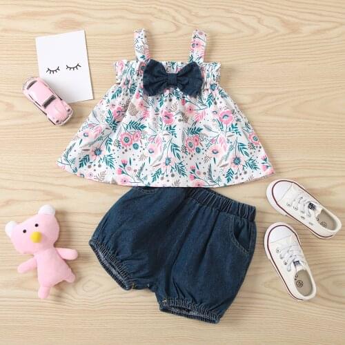 0-3Y Summer Lovely Baby Girls Clothes Sets Flowers Printed Bow Strapless Vest Tops Denim Shorts