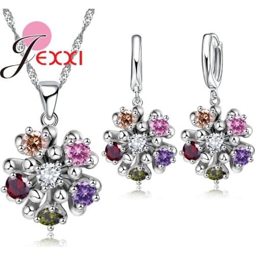 Luxury Jewelry Sets 925 Sterling Silver Multicolor Flower Shape Bridal CZ Wedding Necklace Earrings For Brides