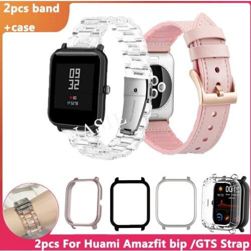 2pcs Watch Strap For Correa Amazfit Bip Leather Band + Case For Huami Amazfit Bip /GTS Transparent Strap Smart Watch Protective