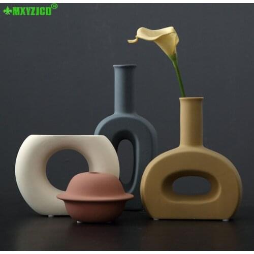 Nordic Ceramic Vase Ornaments Morandi Color Dried Flower Container Living Room Home Soft Decoration Art Crafts Gift Holiday