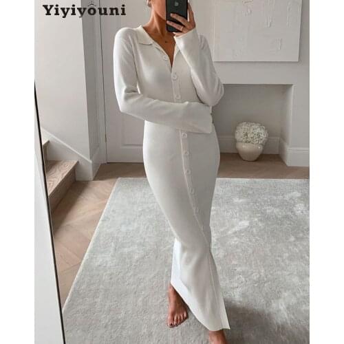 Yiyiyouni Front Buttons-Up Sheath Knitted Dress Women Autumn Winter Long Sleeve Sweater Dresses Female Ankle-Length Casual Dress