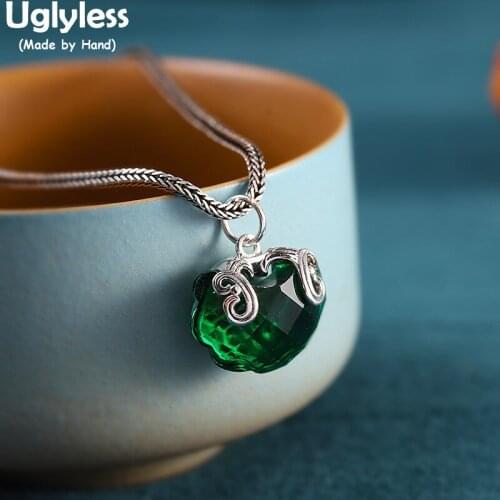 Uglyless Heart-shape White Chalcedony Faceted Green Crystals Pendants for Women Carp Fishes Hollow Necklaces NO Chain 925 Silver