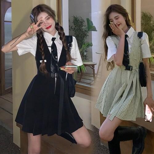 College Style Jk Uniform Suit Female 2021 Summer Korean Casual All-match Black Strap Pleated Dress White Shirt Two-piece Suit