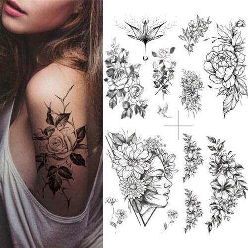 Waterproof Temporary Tattoo Sticker Cross Skull Flowers Flash Tattoos Rose Peony Body Art Arm Water Transfer Fake Tatoo Women