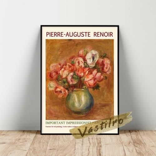 Pierre-Auguste Renoir Exhibition Poster, Auguste Renoir Anemones Oil Painting, Vintage Flower Leaf Wall Art, Vase Bouquet Prints