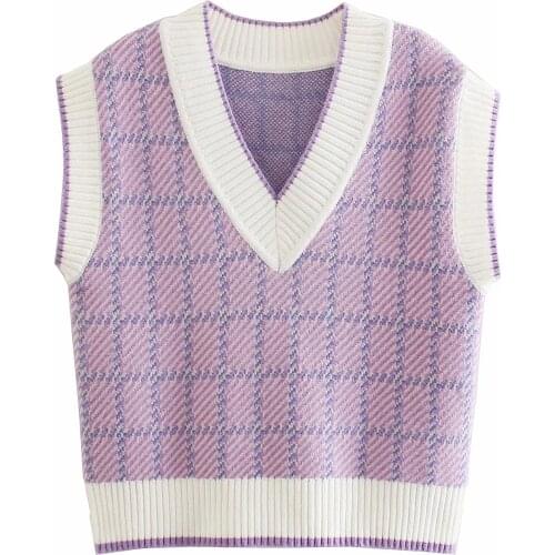 ZA Women 2021 Fashion Plaid Knitted Vest Sweater Vintage Sleeveless Side Vents Female Waistcoat Chic Tops
