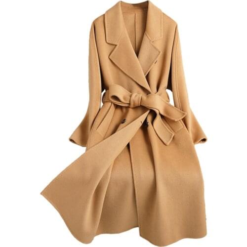 Camel Long High Quality Slim Belt Winter Lady Cashmere Overcoating Female Black Elegant Classic Fashion Double Woolen Outerwear