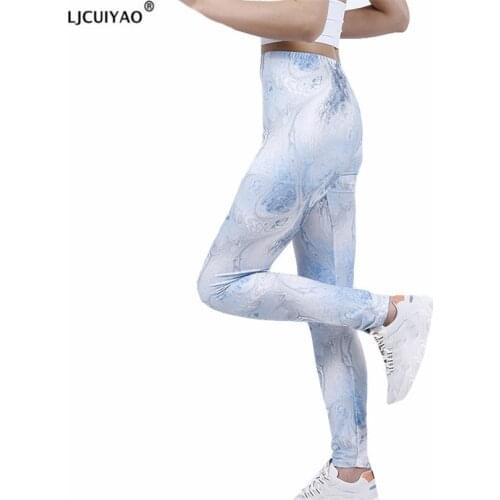 LJCUIYAO Women Leggings Abstract White Gray Pants Sportswear Clothing Fitness Gym High Waist Push Up Workout Activewear Bottom