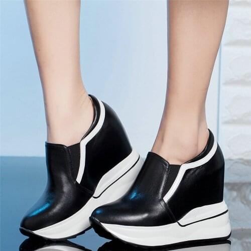 2021 Casual Shoes Women Genuine Leather Wedges High Heel Motorcycle Boots Female Round Toe Fashion Sneakers Platform Pumps Shoes