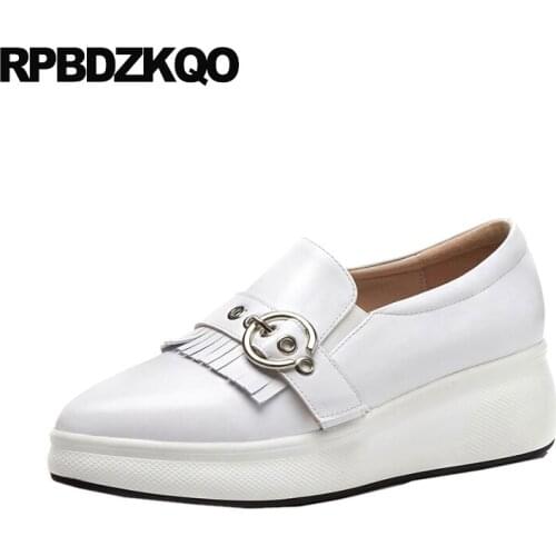 Pointed Toe White Pointy Wedge Platform Creepers Fringe Tassel Metal Designer Shoes China Genuine Leather Women British Style