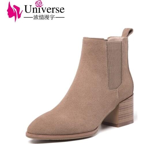 Universe suede leather winter chelsea boots for women fashion high heel ankle boots round toe shoes boots G371