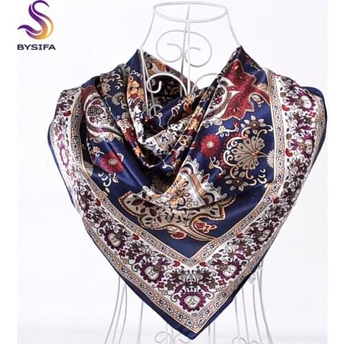 [BYSIFA] Winter Navy Blue Silk Muffler Imitated 2016 New Design Paisley Silk Scarves Wraps 90*90CM Ladies Brand Satin Scarf Cape