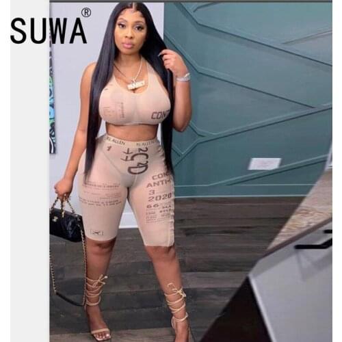 Letter Printed Two Piece Sets Women Cropped Halter Top And High Waist Shorts Casual Skinny Slim Matching Set Spring Hot