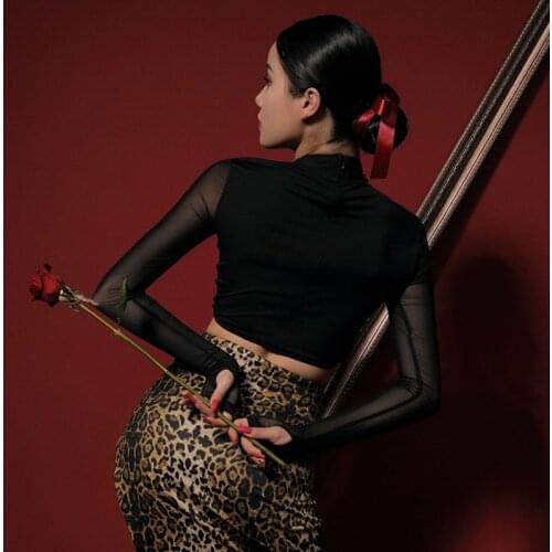 Sexy Female Latin Dance Dress Black Mesh Long Sleeve High Split Ballroom Dance Cotumes Performancewear Splicing Dance Dress 9678