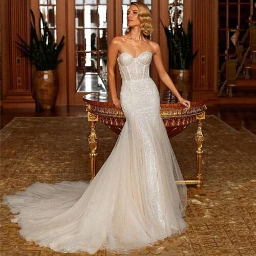 Eightree Shiny Mermaid Wedding Dresses 2021 Bride Dress with Jacket Flare Sleeve Sequin Wedding Gowns Vestido de Noiva Sereia