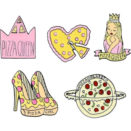 Pizza Queen Metal Enamel Brooch Pizza Star Heels Headdress Badge Pin Cute Cartoon Pizza Lovers Jewelry Accessories Gifts