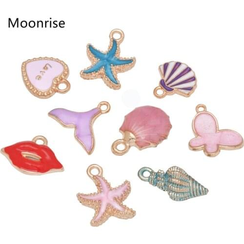 10Pcs/Lot Enamel Starfish Shell Butterfly Red lips Love Heart Charms Pendants for Jewelry Making DIY Crafts