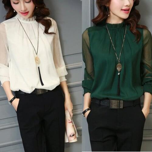 2020 Autumn White Lace Chiffon Shirt Plus Size Women Mesh Ruffled Stand-up Collar Long-sleeved Bottoming Top Lady Office Blouse