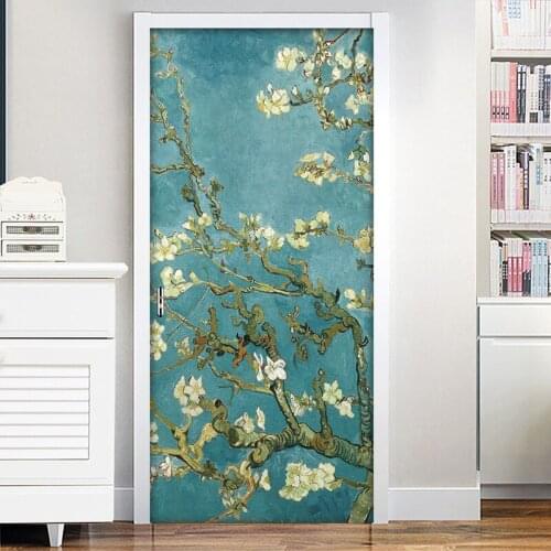 3D Door Sticker Wallpaper Almond Blossom By Van Gogh Self Adhesive Mural Bedroom Living Room Door Decor Renovation Stickers