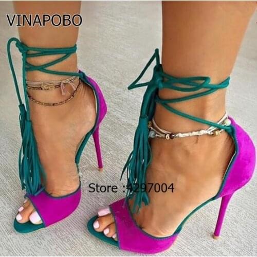 Vinapobo Pink summer brand shoes high heels lace up sandals women ankle strap and platform sandals Fringe Summer Beach sandals