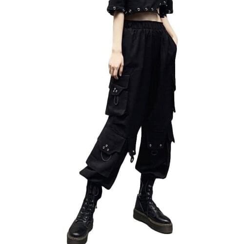 Black Cargo Pants Women Slim Pants Funny Ladies Military Trousers Solid Elastic Waist Fashion Casual Punk Hip Hop Pant Female