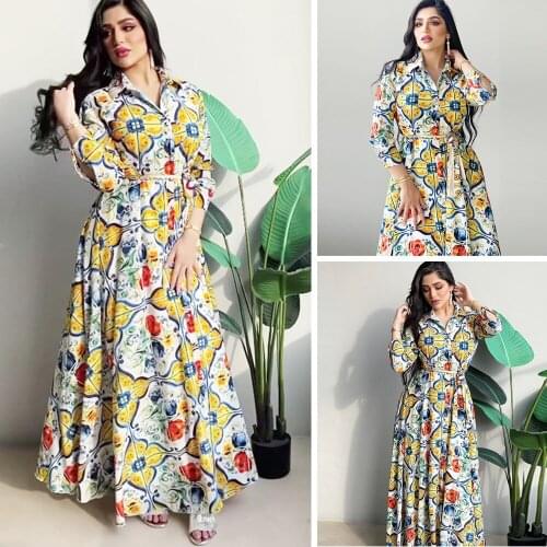 Caftan Ethnic Muslim Women Floral Printed Elegant Long Dress Turkey Middle East Maxi Robe Gown Islamic Arab Ramadan Dubai Abaya