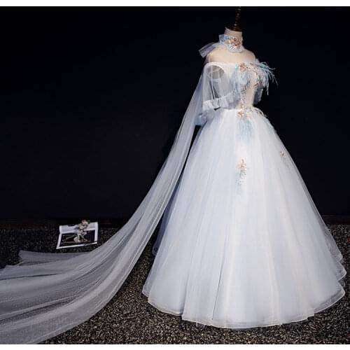Luxury pale blue embroidery collar veil long dress cloak sleeve medieval Renaissance Victoria dress ball gown